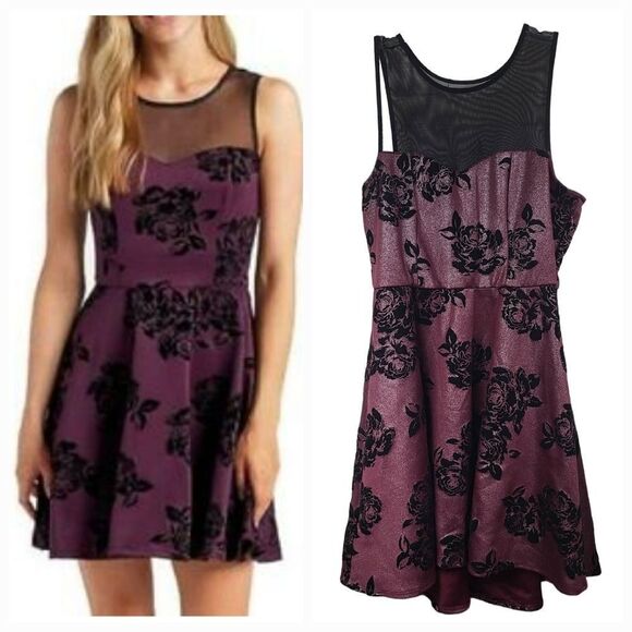 Trixxi Juniors' Flocked Illusion Fit & Flare Wine Skater Dress Party Club Dance - Picture 1 of 13
